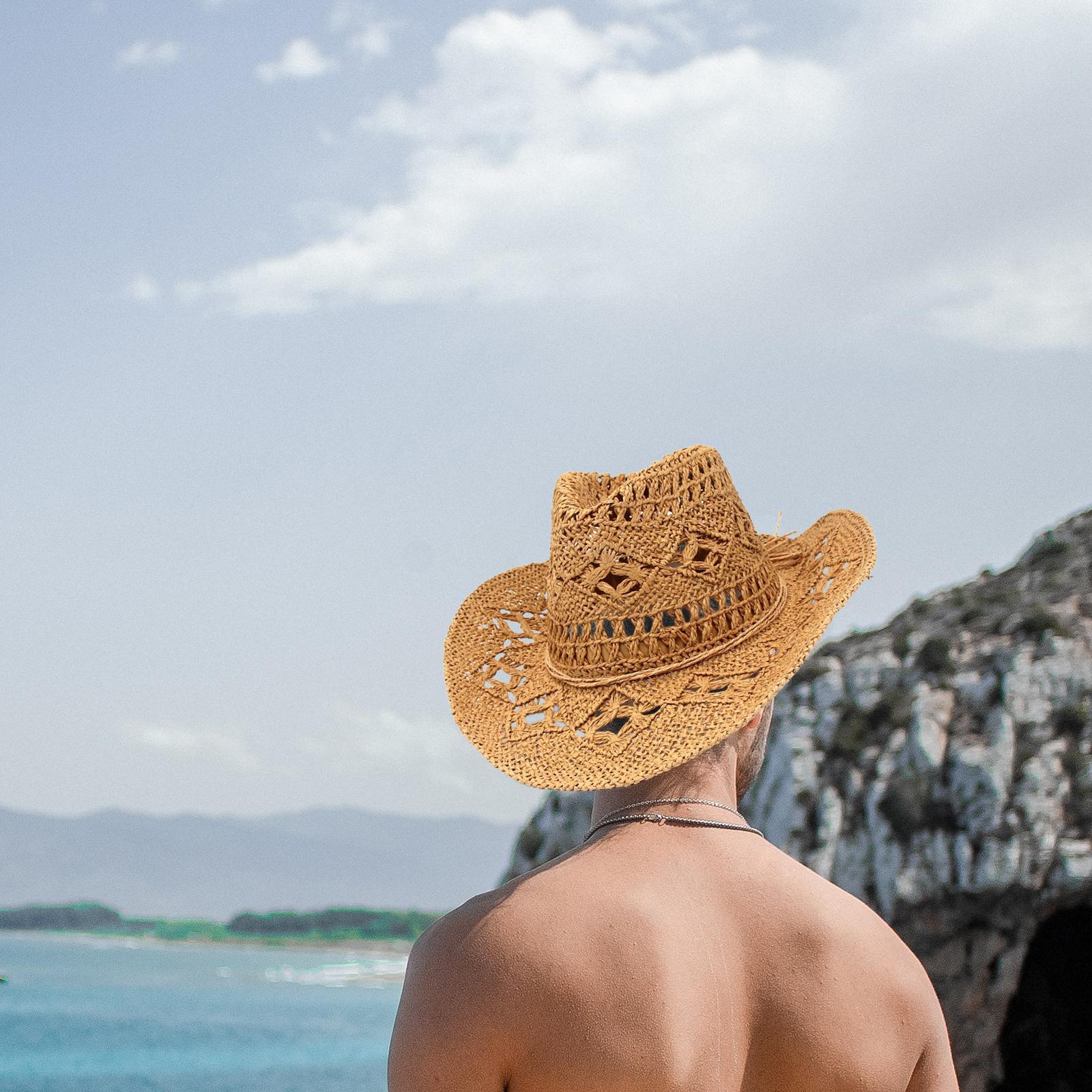 Straw Cowboy Hat Handmade Weave Straw Hats Wide  Hat for Holiday Khaki