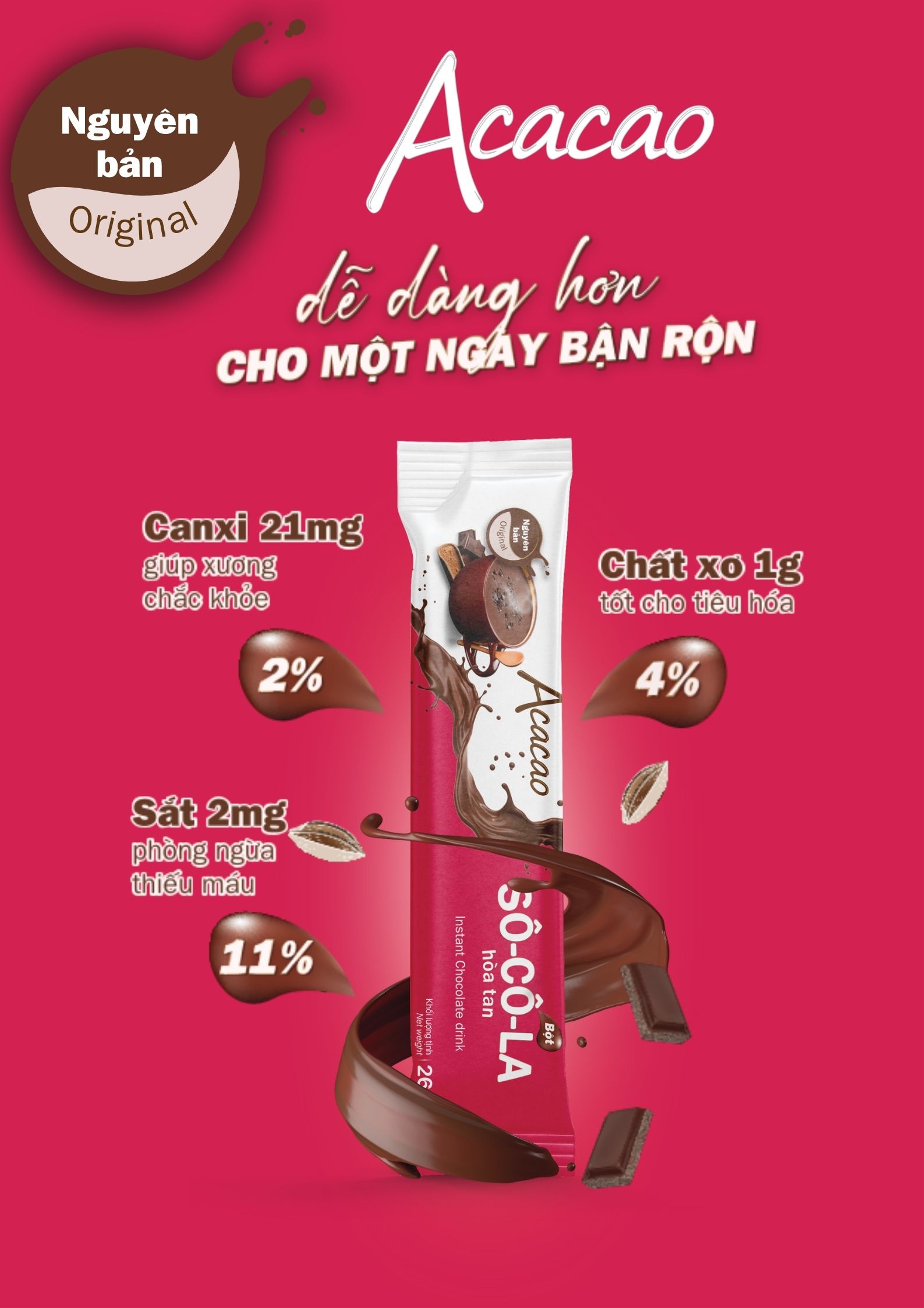 Bột socola hòa tan uống liền dinh dưỡng, Sô Cô La NGUYÊN VỊ, không chất béo chuyển hóa