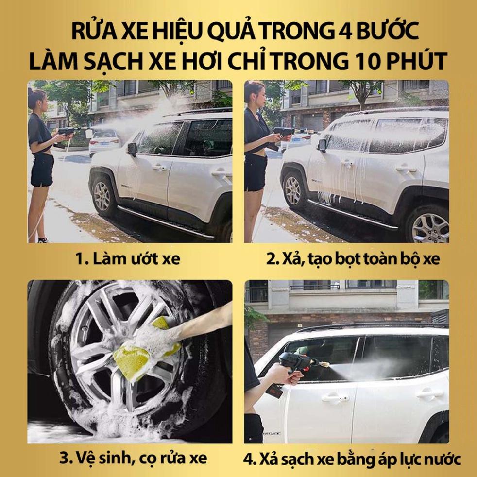 Máy rửa xe dùng pin - Tiện dụng, áp suất cao, pin 199V - Tặng dây dài 5m và bình tạo bọt