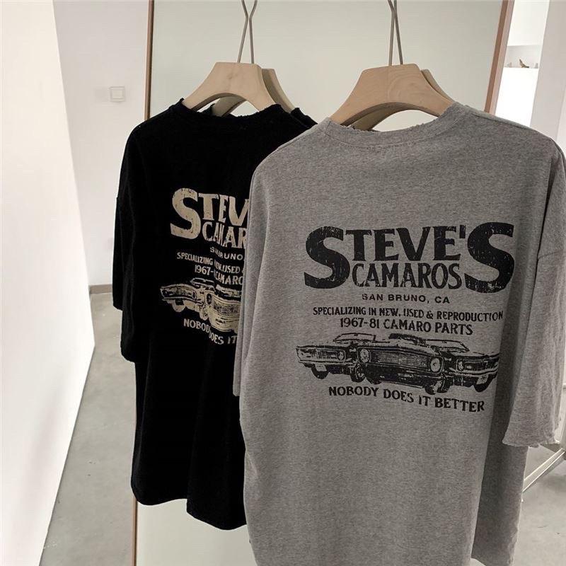 Áo Thun Tay Lỡ Unisex STEVE màu ĐEN/XÁM /Nam nữ unisex ️ Jaystoree Kiểu áo phông cổ tròn form rộng