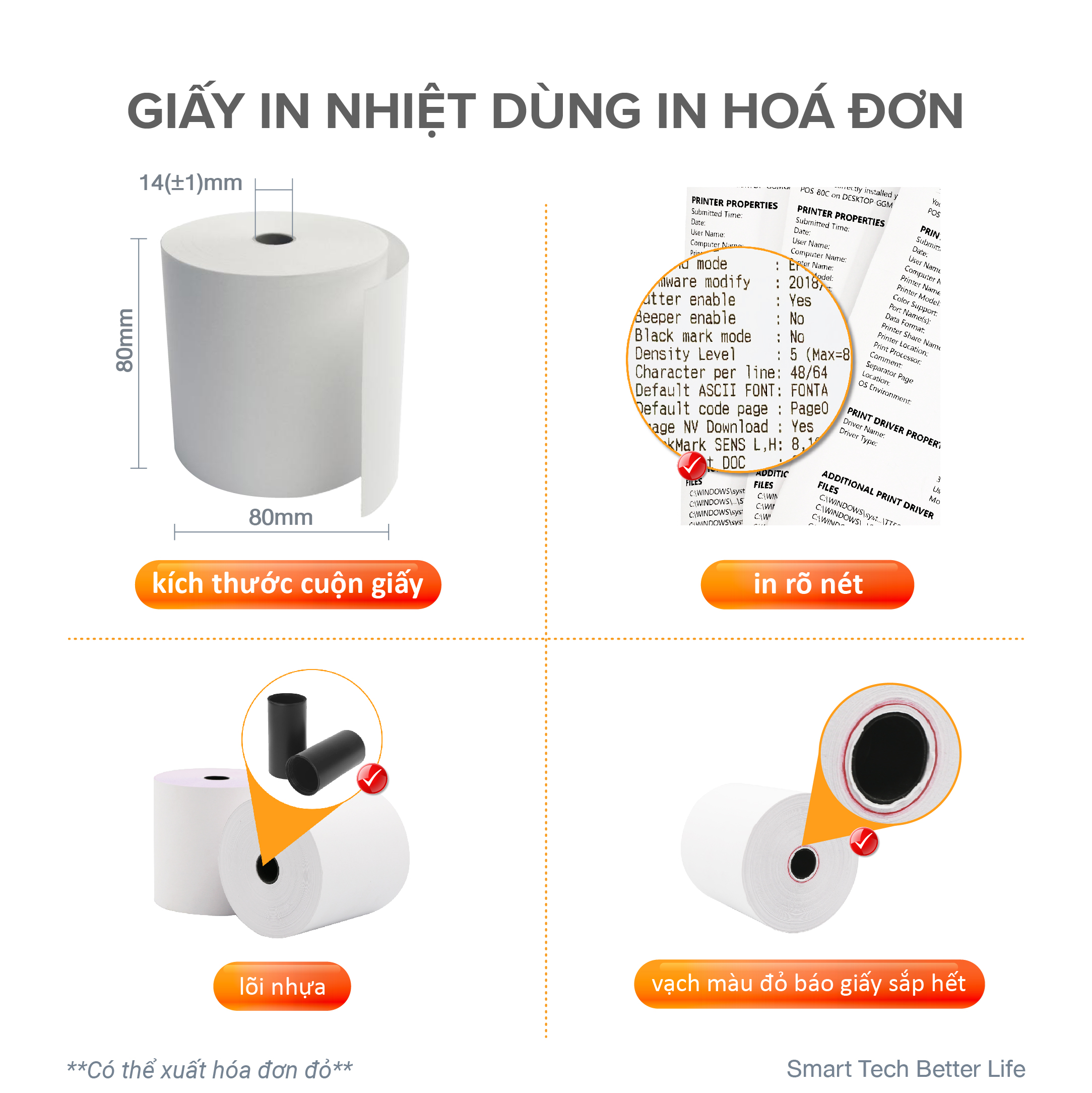 CUỘN LẺ Giấy in nhiệt K80 x80mm, giấy in bill VAYO dùng in hóa đơn. Lõi siêu nhỏ, chất tốt, 65gsm - Hàng chính hãng