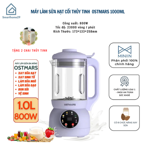 Máy Làm Sữa Hạt, Máy Nấu Sữa Hạt Cối Thủy Tinh OSTMARS Hàng Chính Hãng MINIIN 1100ml - 8 Chức Năng Xay Nấu Tiện Lợi - TẶNG KEM 2 CHAI THỦY TINH ĐỰNG SỮA HẠT