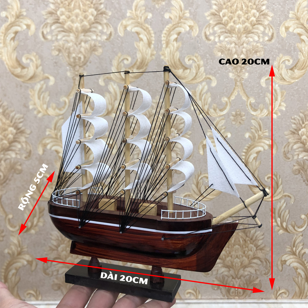 Tàu thuyền gỗ mô hình trang trí bàn làm việc kệ sách phòng làm việc - Dài 20cm - Buồm Trắng