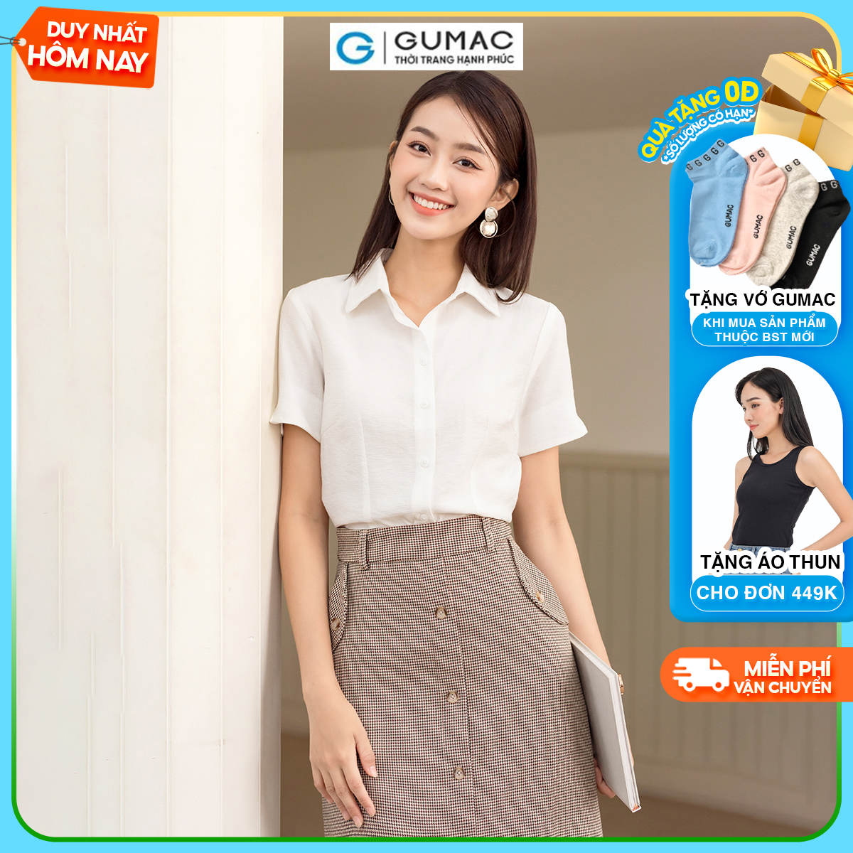 Áo sơ mi nữ tay ngắn xẻ V thời trang GUMAC AD06032