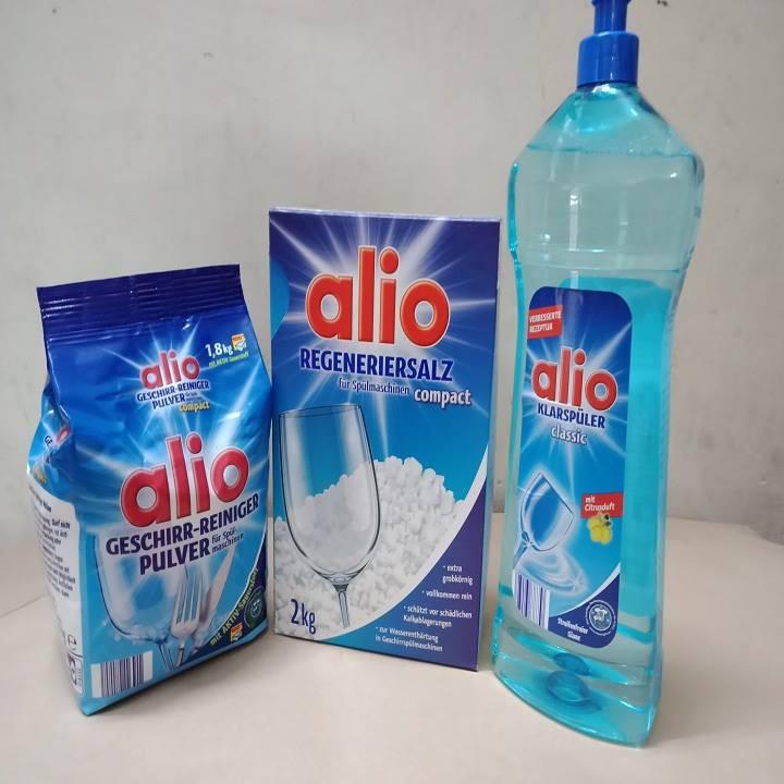 Combo 1 Bột rửa bát Alio 1,8kg và 1 muối Alio 2kg nhập khẩu chính hãng. Tặng 3 viên Finish