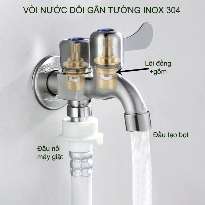 Vòi nước đôi bằng inox 304 gắn tường G03B với 01 đầu vào 2 đầu ra