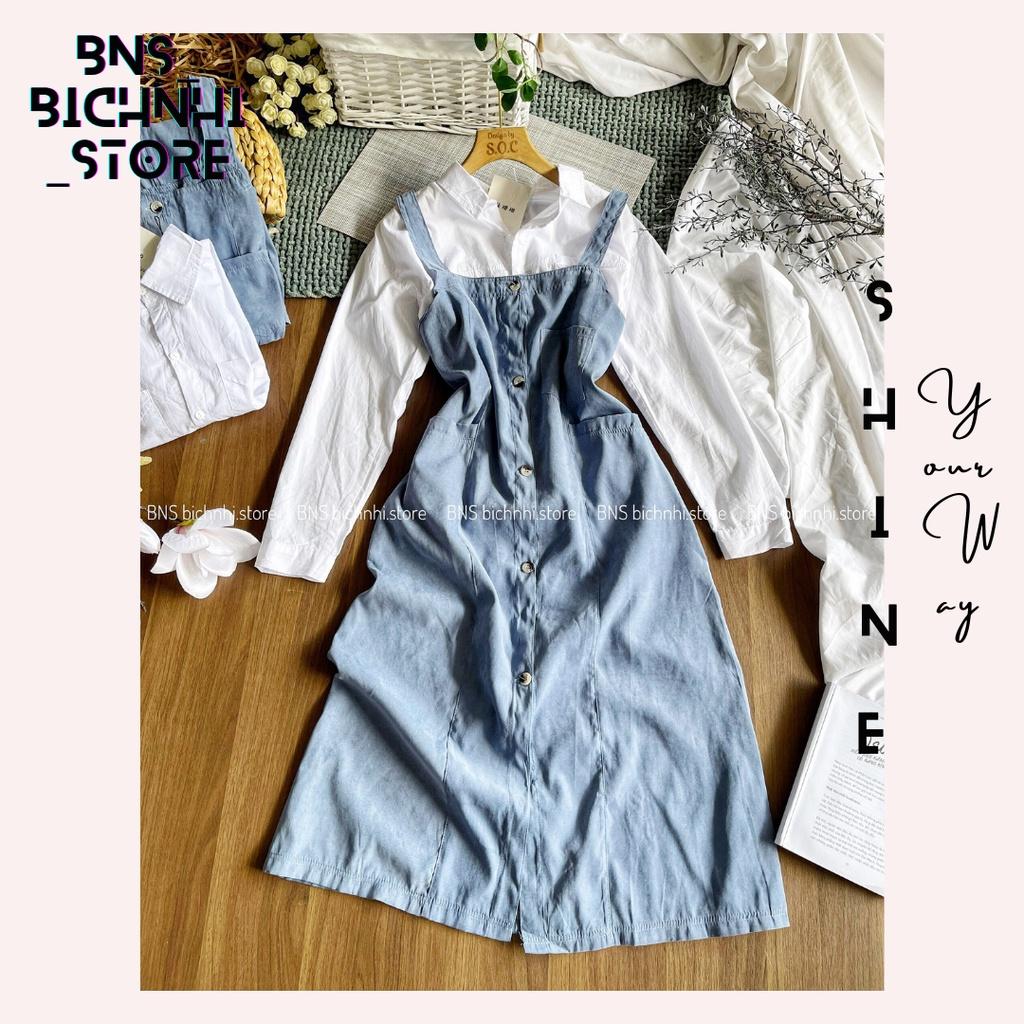ĐẦM YẾM TIỂU THƯ CÀI NÚT TẶNG ÁO SƠ MI TAY DÀI - BUTTON FRONT OVERALL DRESS & SHIRT - BY BNS AKINA SET BNS007
