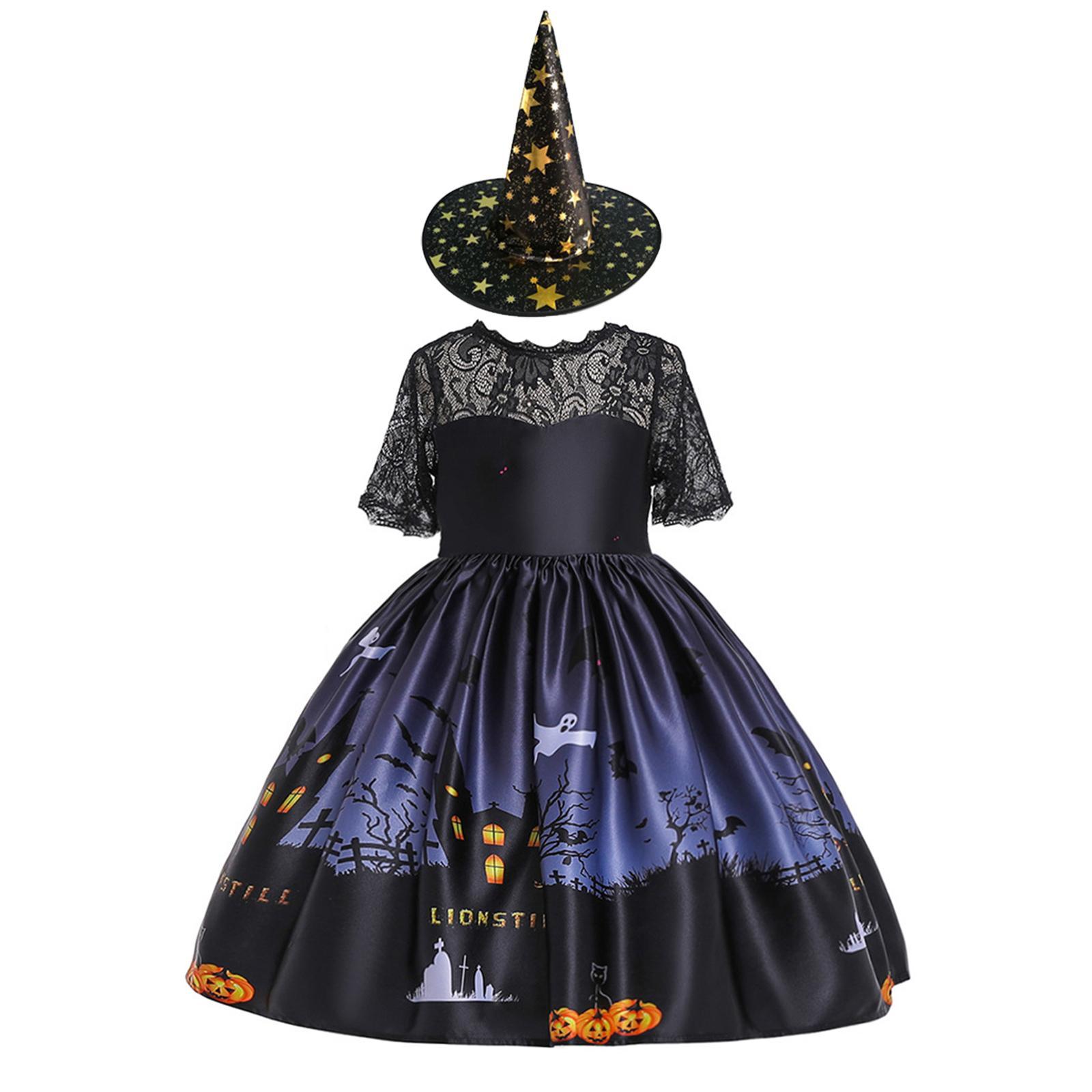 Girl Witch Halloween Costume Dress Cosplay Fancy Dress Pumpkin Printed with Witch Hats Toddler Dresses for Carnival Dress up Birthday Party