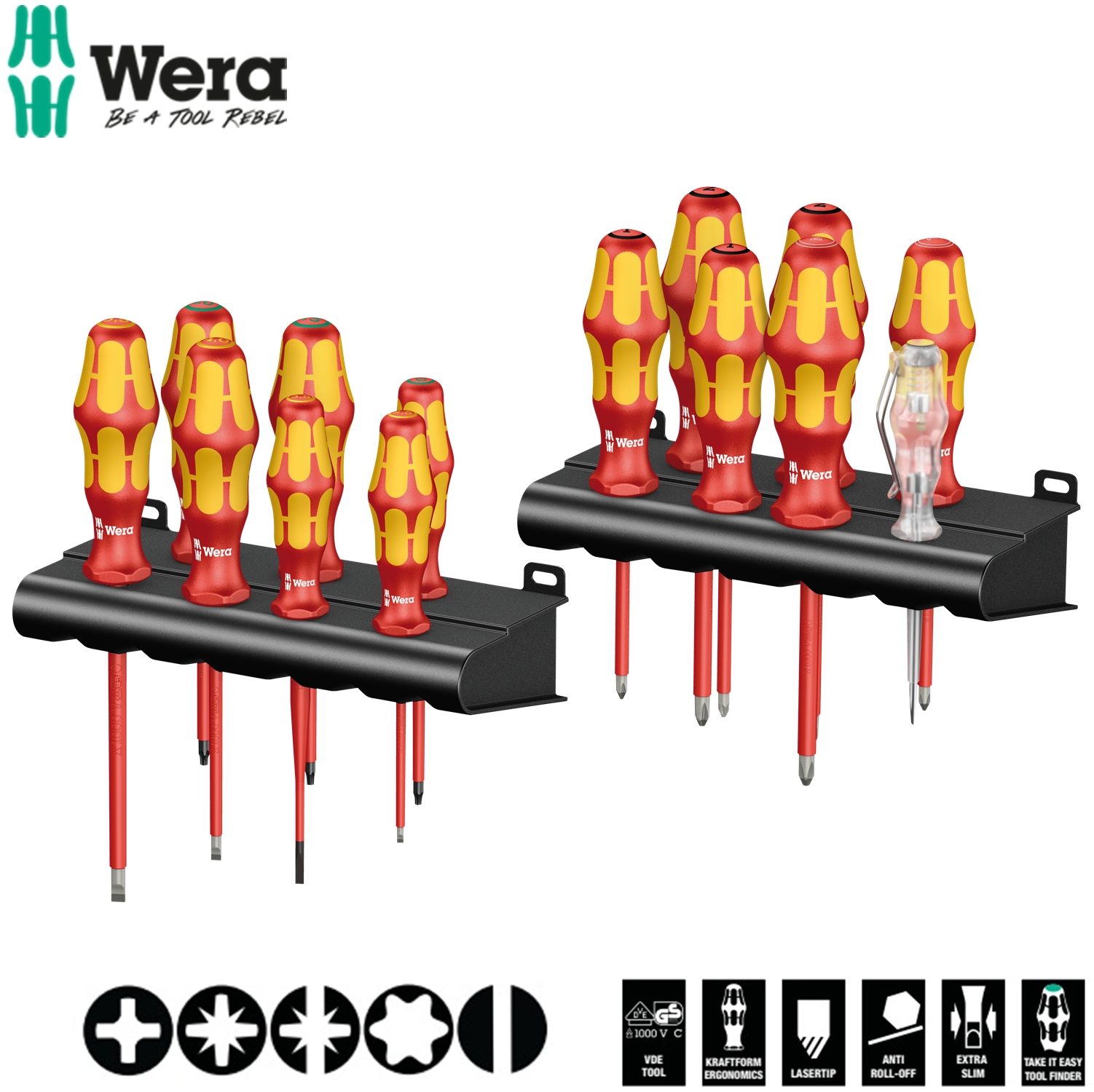 Bộ tua vít cách điện Wera 05105631001 Kraftform Big Pack 100 VDE gồm 14 cái và giá treo bằng nhựa