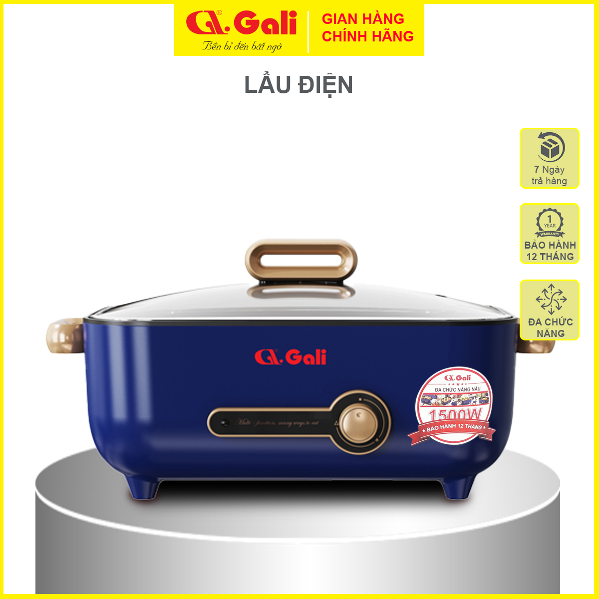 Nồi lẩu điện đa năng Gali 5 lít, nồi lẩu 1500w, chiên, xào, hấp, thân 2 lớp, hàng nhập khẩu chính hãng bảo hành 24 tháng