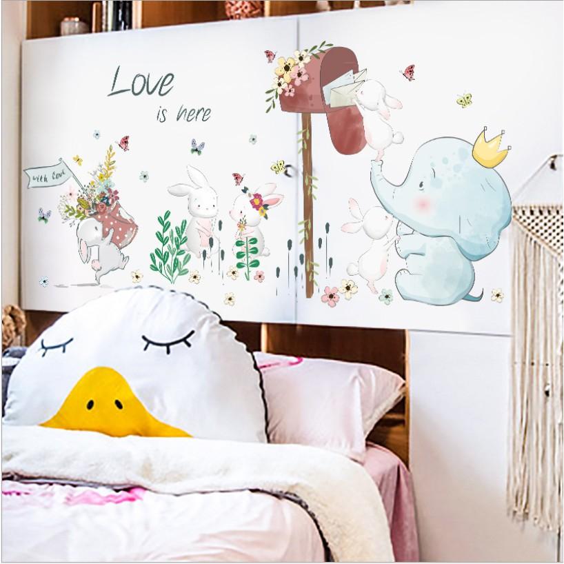 Decal trang trí tường - Khu Vườn Thỏ Trắng Voi xanh màu nhạt
