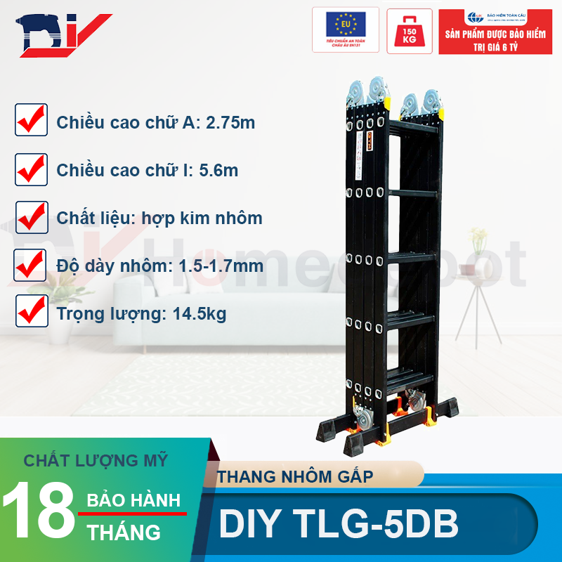 Thang nhôm bốn đoạn cao cấp DIY TLG-5DB chiều cao chữ A 2.75M chữ I 5.6M