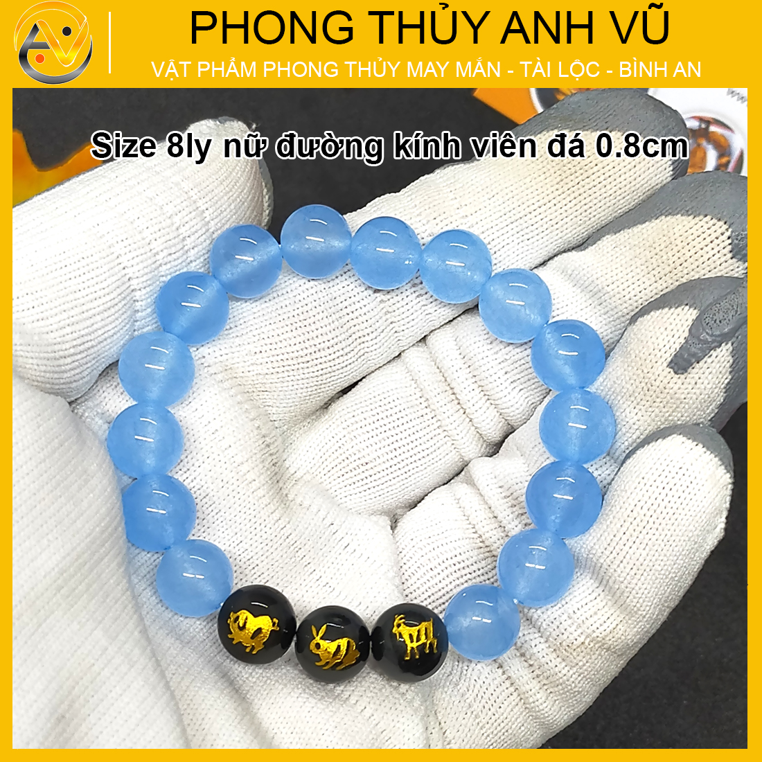Vòng tay tam hợp hợi mão mùi đã khai quang - chất liệu mã não xanh tự nhiên - size 8 10ly - may mắn tài lộc - Vòng Tam Hợp Anh Vũ