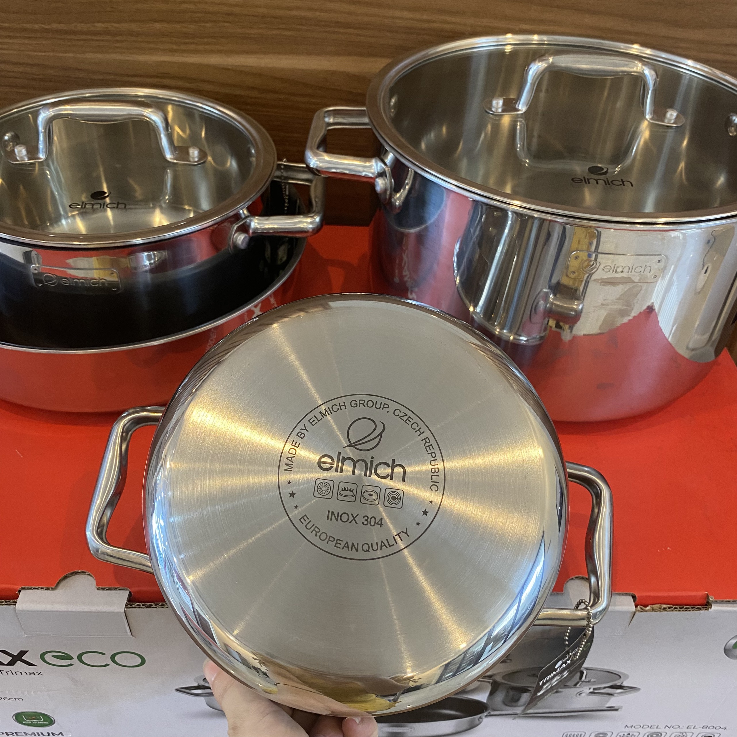 Bộ 4 Nồi Chảo Inox 304 Đáy Liền Khối Elmich Trimax ECO EL-8004 size 18, 20, 26, chảo 26cm