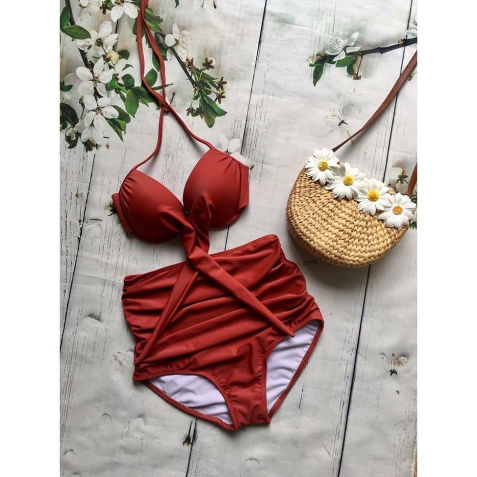 freeship Bikini hai mảnh cam đất có gọng quần cạp cao mặc đi biển đẹp