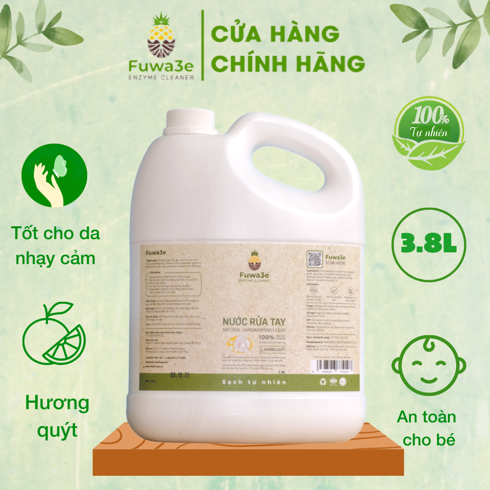 Nước rửa tay sát khuẩn Fuwa3e hữu cơ mùi tinh dầu quýt từ chế phẩm Enzyme sinh học 3.8L