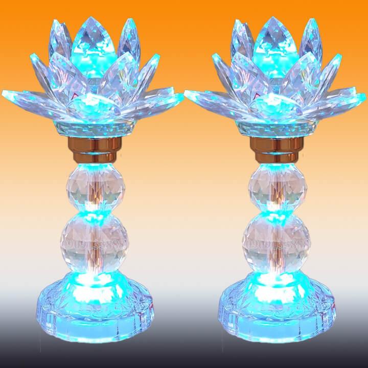 Đèn thờ đèn pha lê sáng đổi 7 màu_Đèn 2 cục bông sen cao 16cm