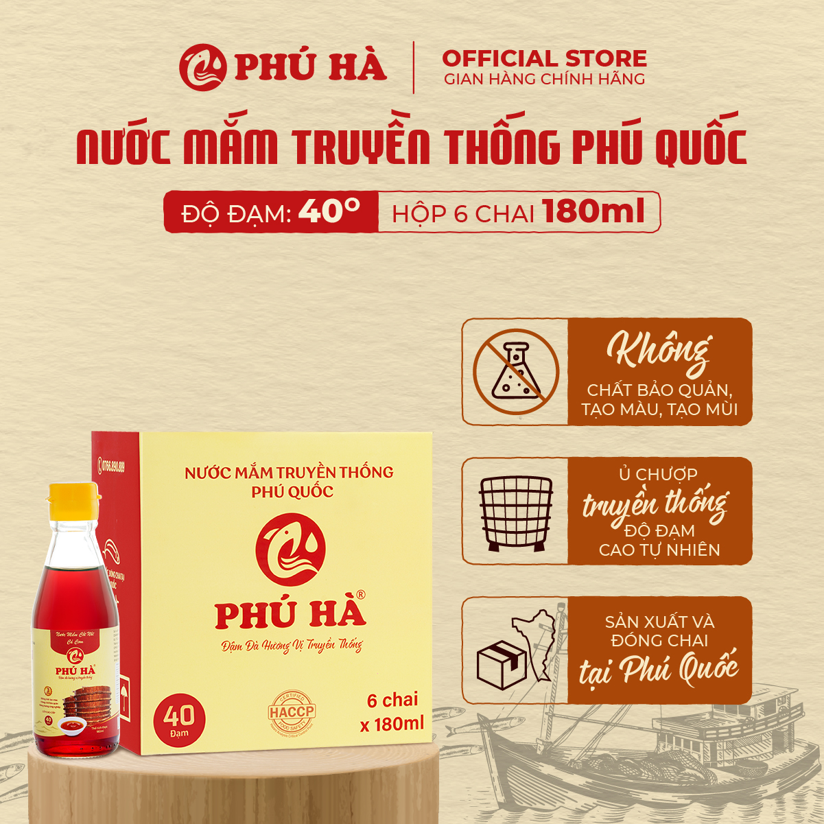 Nước mắm truyền thống Phú Quốc Phú Hà 40 độ đạm - Hộp 6 chai 180ml