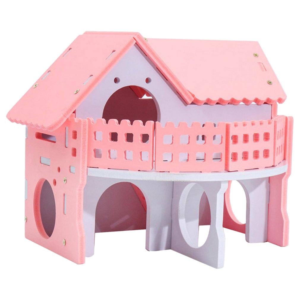 Double Layers Hamster Wooden Pink Villa House Small Pet Hideout Rats Home