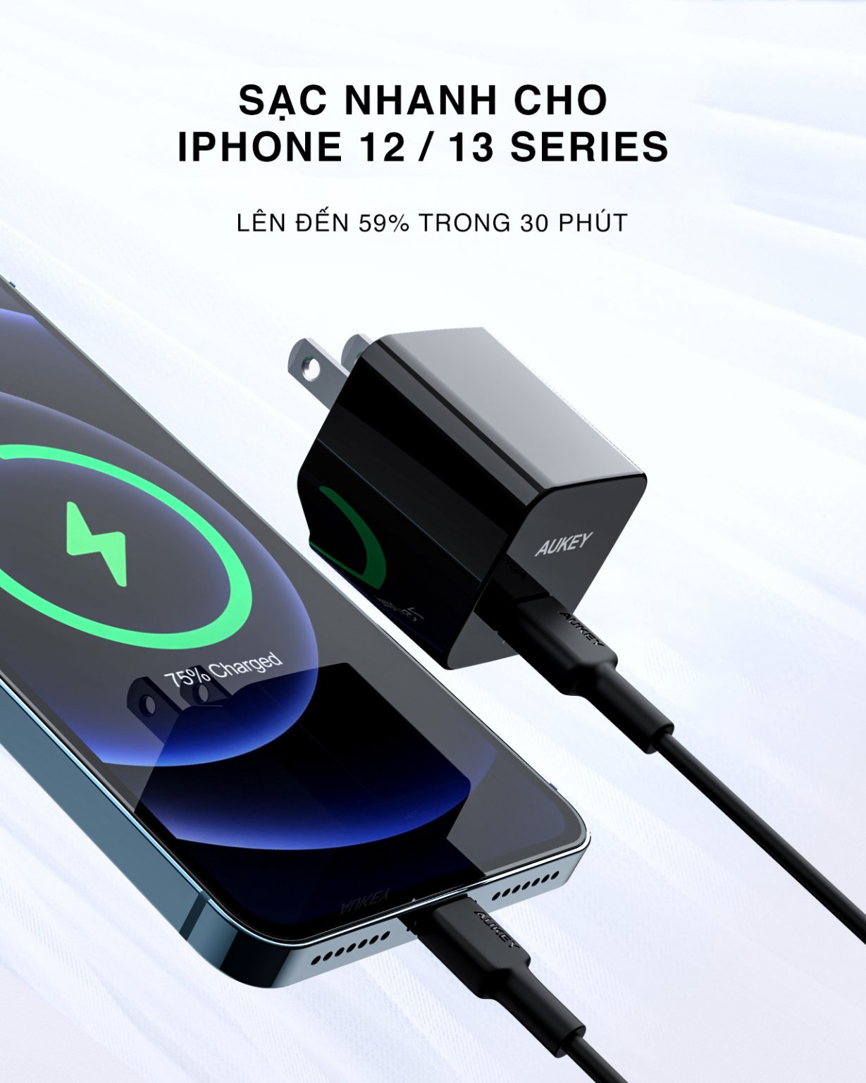 Bộ cáp và củ sạc Aukey cho Iphone PA-Y30s và CB-CL3 công suất 30W, MFI dài 9.0m -  hàng chính hãng