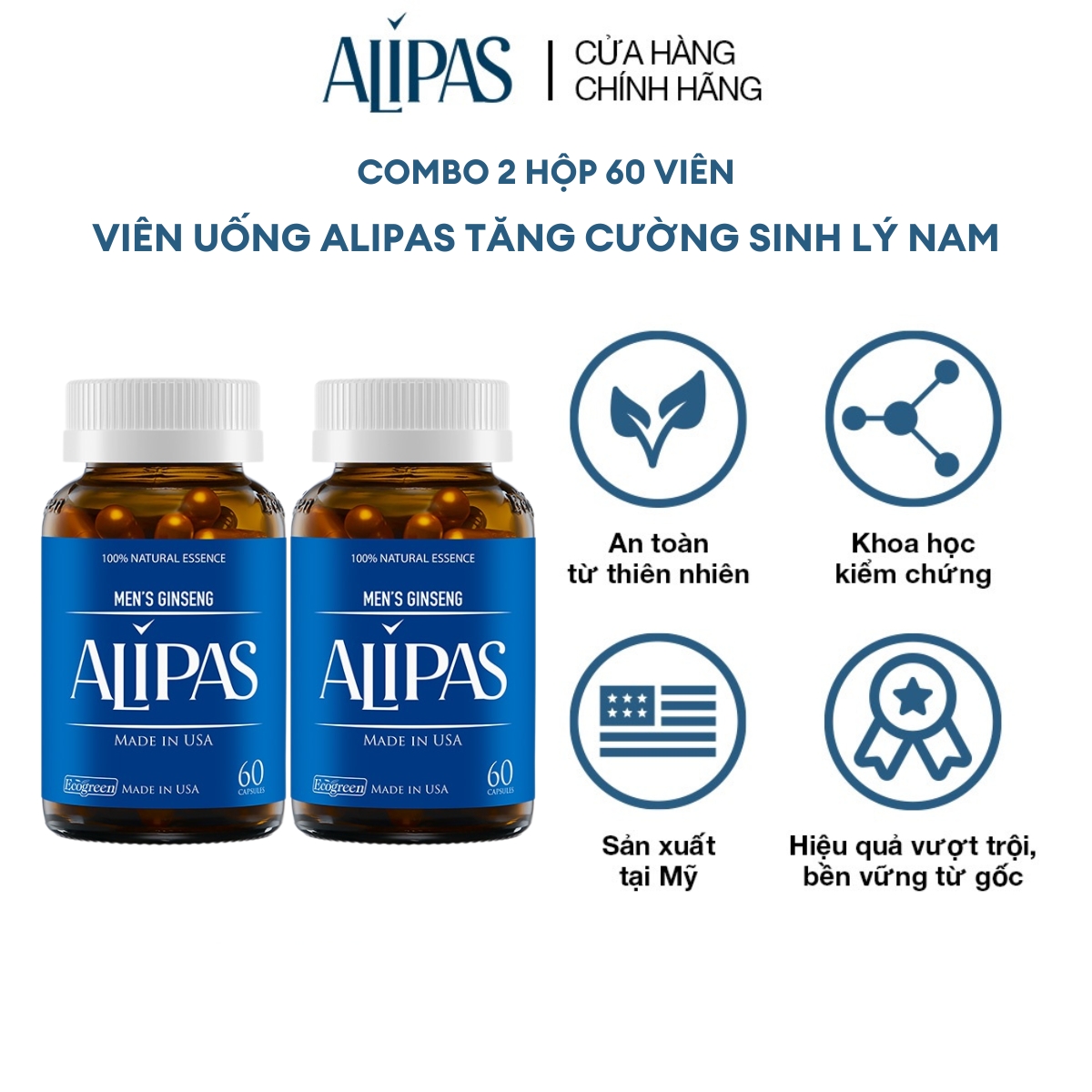 Combo 2 Hộp 60v - Viên Uống Hỗ Trợ Sinh Lý Nam ALIPAS Ecogreen Tăng Cường Testosterone, Chứa Tinh Chất Hàu