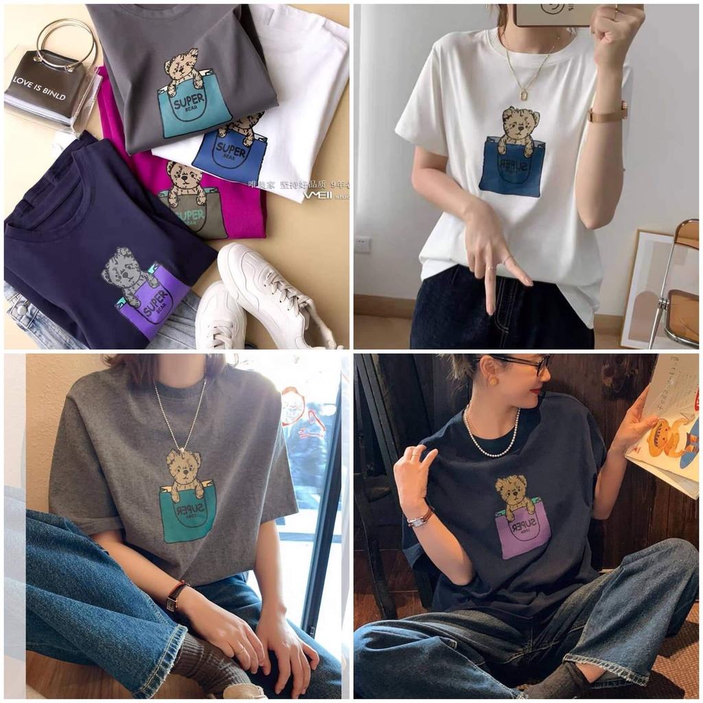 Áo Phông Tay Lỡ Gấu Nam Nữ Cổ Tròn Cộc Tay Dáng Rộng 3 Màu Siêu Xinh