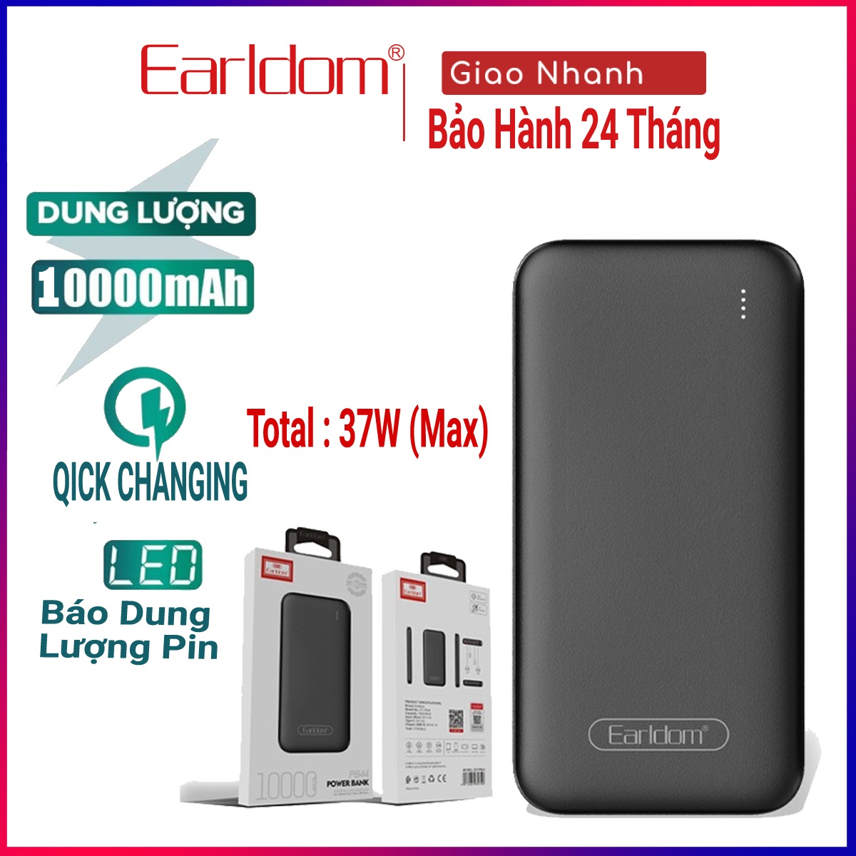 Sạc dự phòng 10.000mAh Earldom PB44, 2 cổng sạc ra USB có công suất max lên tới 2.1A  Trang bị dải đèn LED giúp hiển thị % Pin dùng cho iPhone/ Xiaomi/Samsung/Oppo – hàng chính hãng