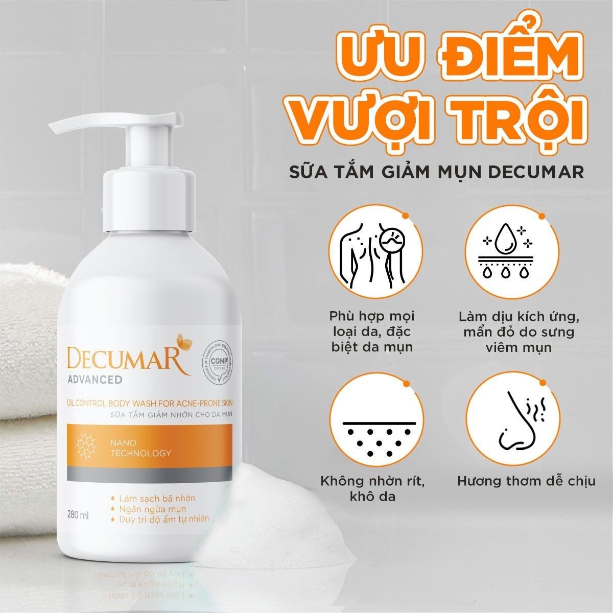 Sữa tắm Decumar Advanced 280ml giảm mụn, mụn lưng, làm sạch lỗ chân lông sáng da thâm mụn