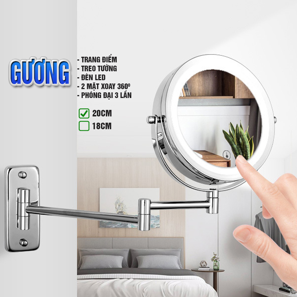 Gương trang điểm đèn LED phóng đại 3 lần, xoay 360 độ, 2 mặt siêu nét, treo tường phòng tắm, phòng ngủ, Khách sạn, resort, Inox SUS 304, thép không gỉ Size 15cm, 18cm, 20cm, Minh House GL32