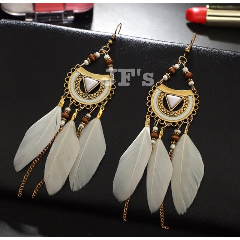 19H05 Hoa tai thả lông vũ, hoa tai cho nữ phong cách thời trang bohemian JF's