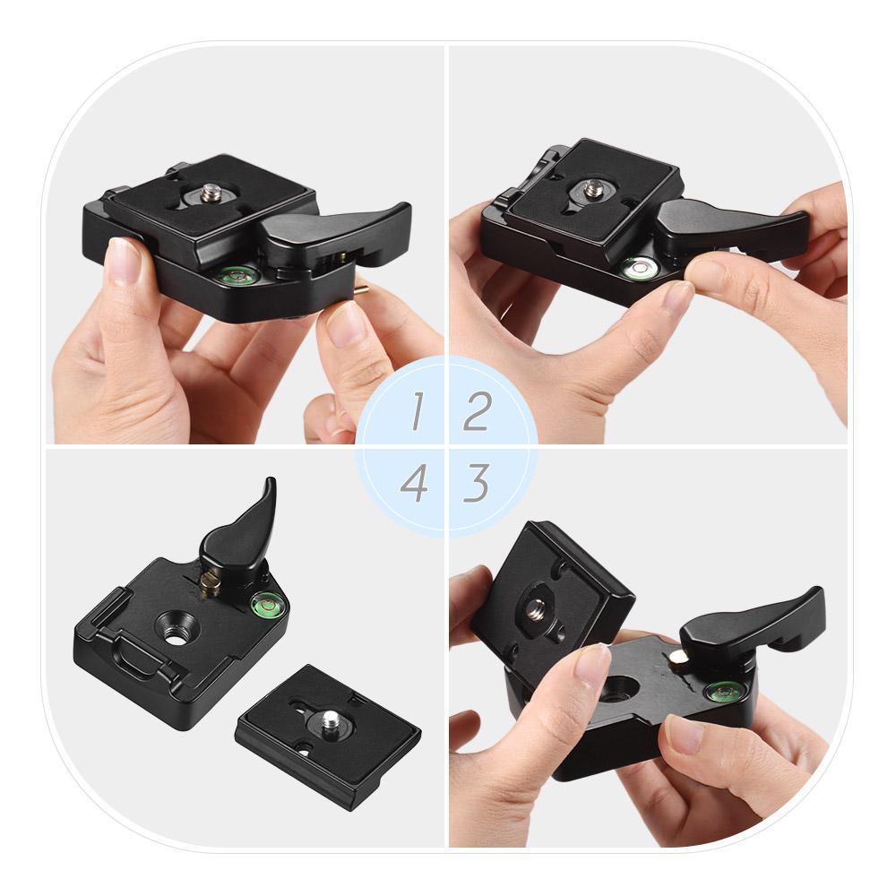 Quick Release Plate Clamp Adapter with QR Plate 1/4 inch Screw 1/4 & 3/8 inch Screw Hole Bubble Level for Tripod DSLR
