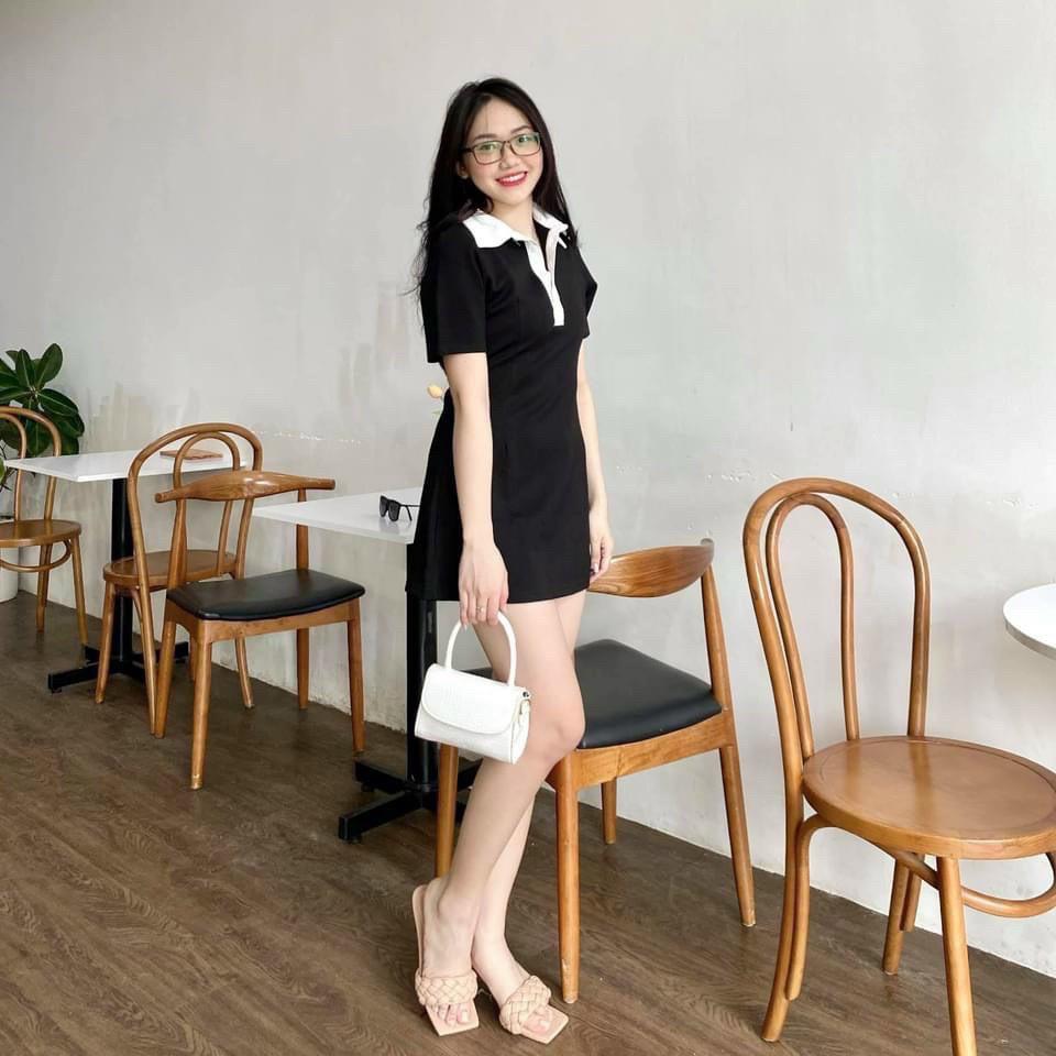 Đầm thun đen cổ bẻ trắng chất liệu thun cotton co giãn