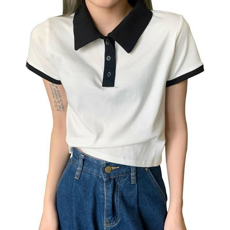 Áo croptop    Áo thun nữ cổ polo khác màu thời trang XIXO - ATN0036