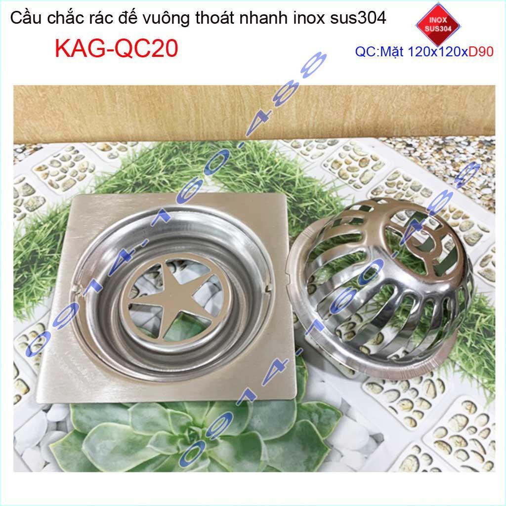 Cầu chắn rác đế vuông 12x12cm D90 KAG-QC20, Phễu thoát nước sân thượng SUS304 ống 9cm thoát nhanh chắn rác tốt