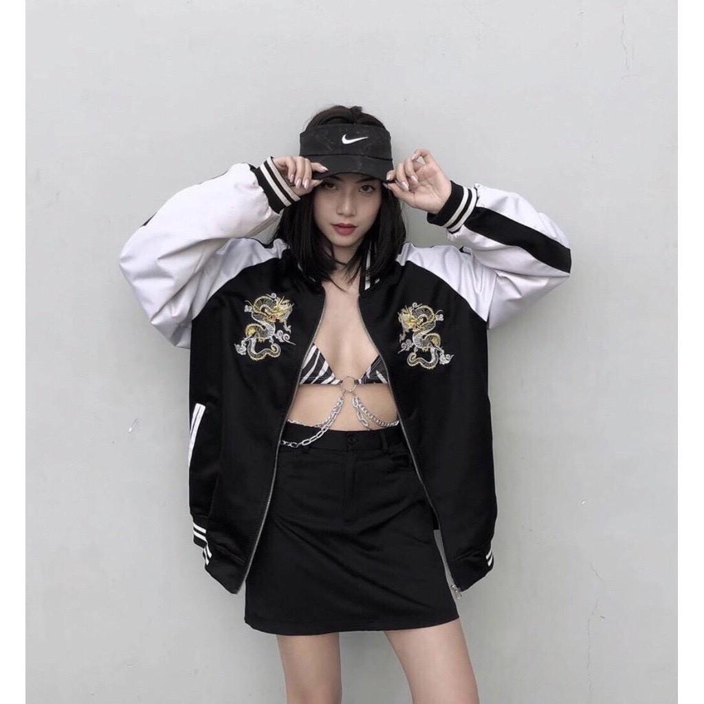 ÁO KHOÁC DÙ BOMBER UNISEX RỒNG ĐEN THÊU THE 1992