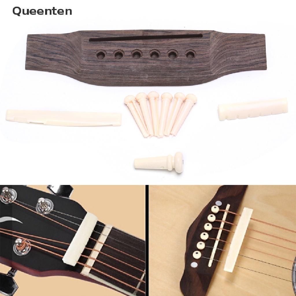 Queenten 1 Set Acoustic Guitar Bridge + Bone Bridge Pins/Saddle/Nut Saddle Guitar Parts QT