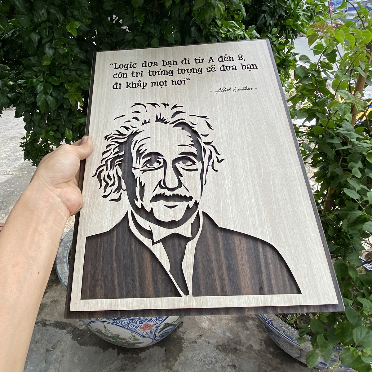 Tranh tạo động lực bằng Gỗ TBIG044 "Albert Einstein: logic đưa bạn đi từ a đến b còn trí tưởng tượng sẽ đưa bạn đi khắp mọi nơi"