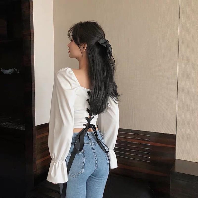 Áo kiểu trễ vai croptop đan dây nơ lưng mẫu 2021