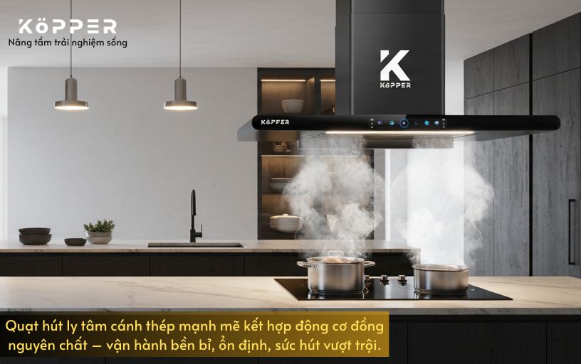 Kopper Hút Mùi Thông Minh Model KP-T22 Hút Khỏe Có Sấy Dầu Tự Động Quạt Li Tâm Cánh Thép Động Cơ Đồng Màn Hình Cảm Ứng Tiếng Ồn < 50 dB KP-T22 Hàng Chính Hãng