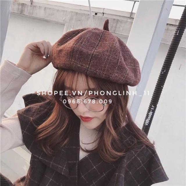 MŨ NỒI DẠ , NÓN NỒI DẠ NỮ NÓN BERET, MŨ BERET DẠ Caro loại 1 mũ ulzzang