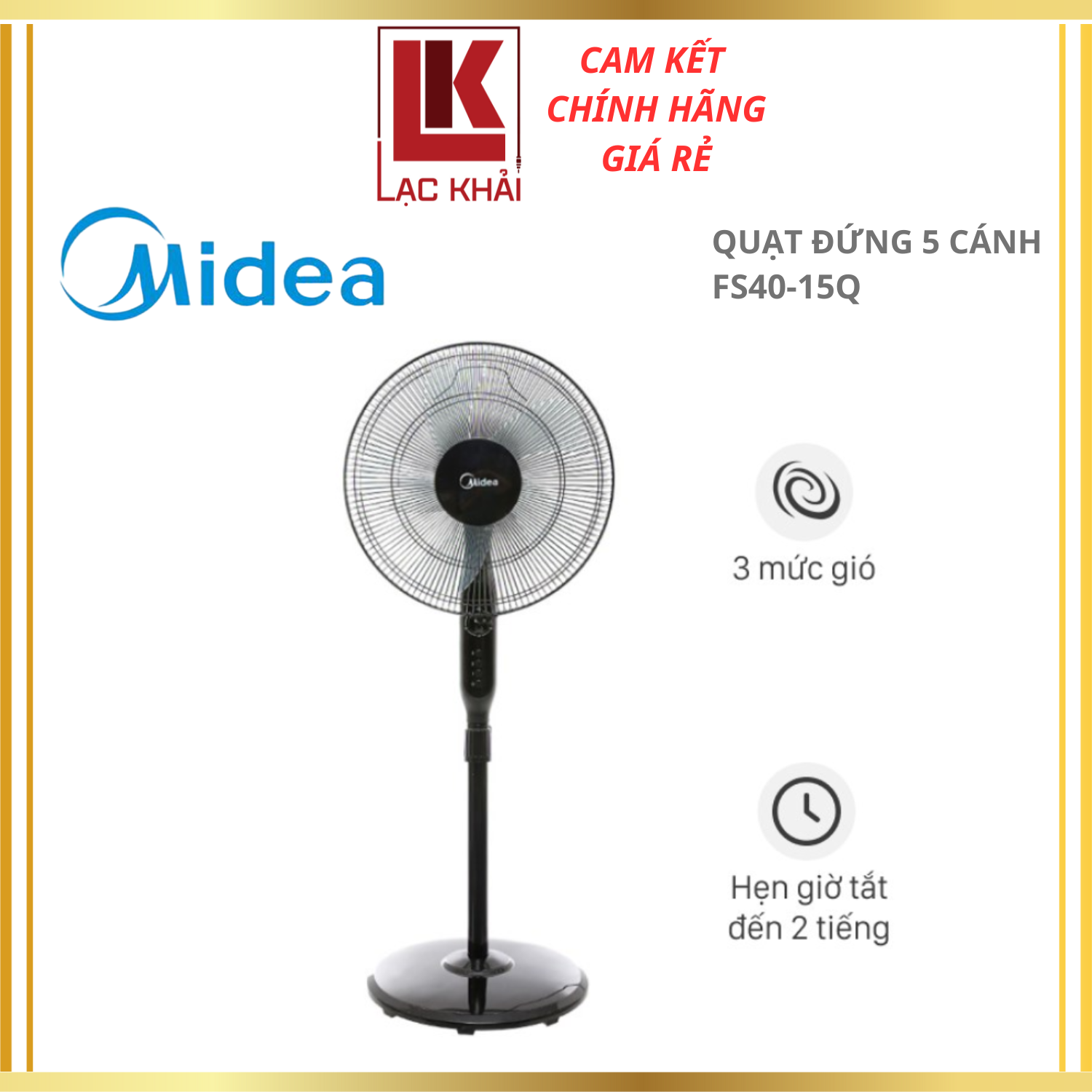 Quạt Đứng 5 Cánh Midea FS40-15Q, Công Suất 50W - 3 Chế Độ Gió - Có Chức Năng Hẹn Giờ - Hàng chính hãng - Bảo hành 12 tháng