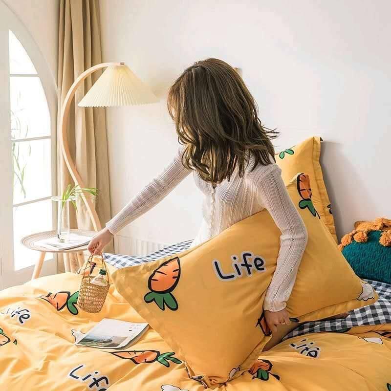 Bộ Chăn Ga Gối Cotton Poly Nhập Khẩu Cà Rốt Life Ga Kẻ Đủ size Miễn Phí Bo Chun
