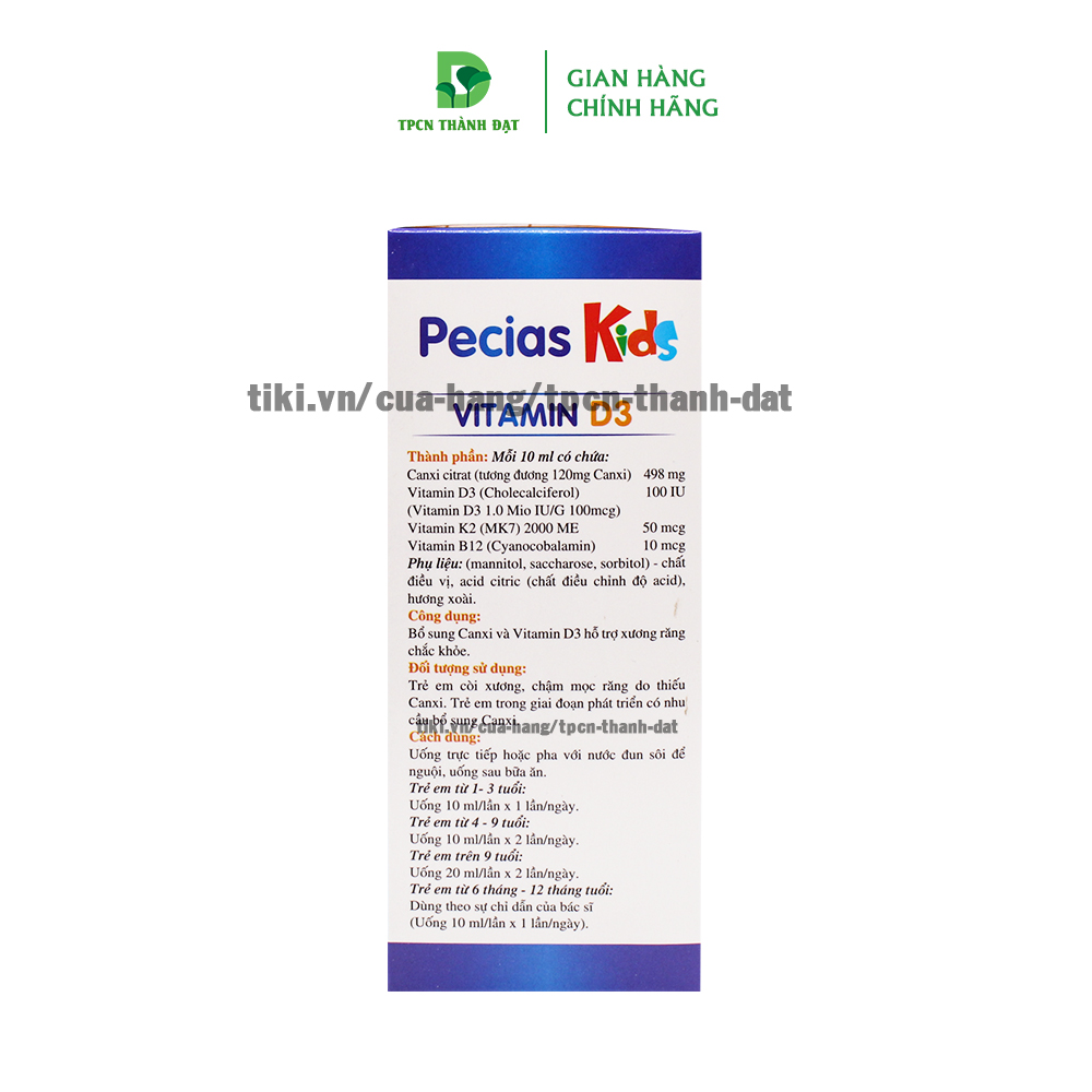 Siro Pecias Kids bổ sung Canxi, Vitamin D3 K2 MK7 hỗ trợ phát triển chiều cao, chắc khỏe xương răng - Chai 125ml