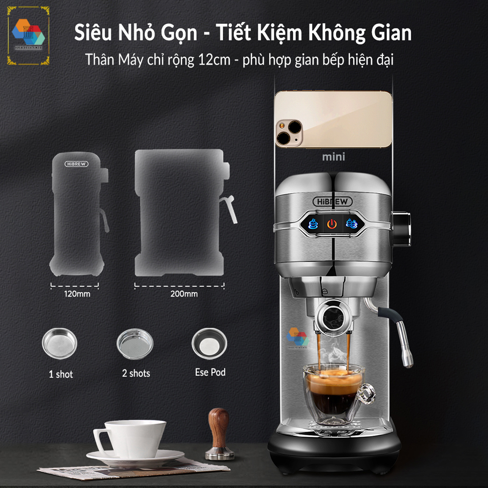 Máy pha cà phê HiBREW H11 pha cafe espresso bán tự động, mini nhỏ gọn cho gia đình, văn phòng, hot and cold đặc biệt, tặng kèm tấm lót, temper và ca đánh sữa 350ml, hàng chính hãng