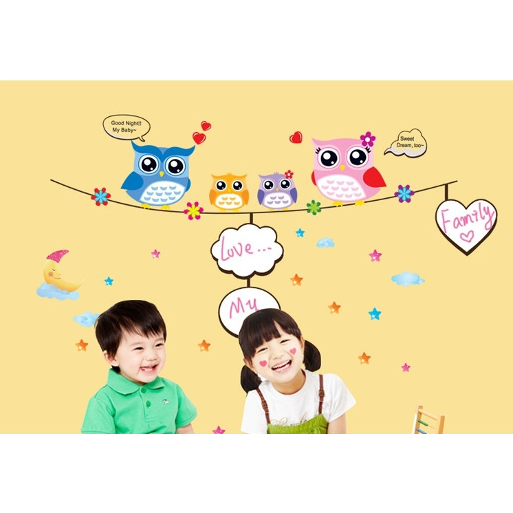 Decal dán tường Gia đình cú sắc màu Trang trí phòng cho bé đẹp