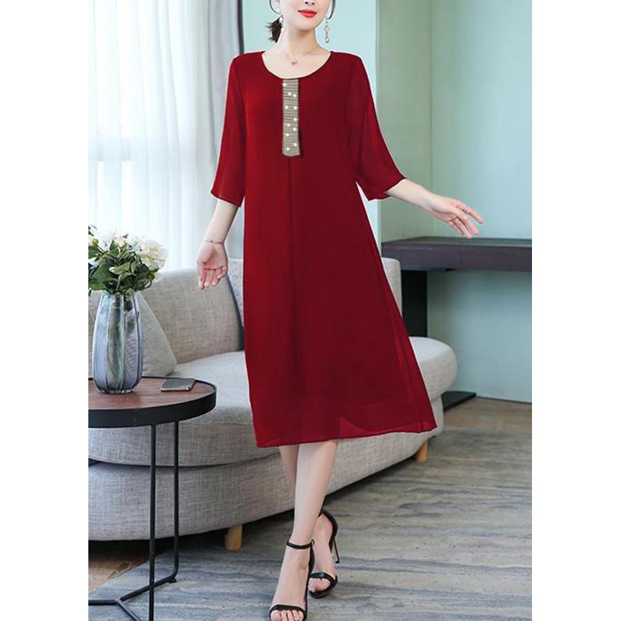 Đầm Trung Niên Dự Tiệc Vải Voan Dáng Suông Hai Lớp. Size S->5XL