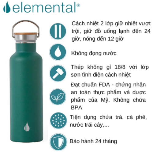 BÌNH GIỮ NHIỆT ELEMENTAL MÀU XANH LÁ (750ML), BÌNH NHẬP KHẨU MỸ, ĐẠT CHUẨN FDA HOA KỲ, THÉP 304 KHÔNG GỈ, GIỮ NÓNG LẠNH