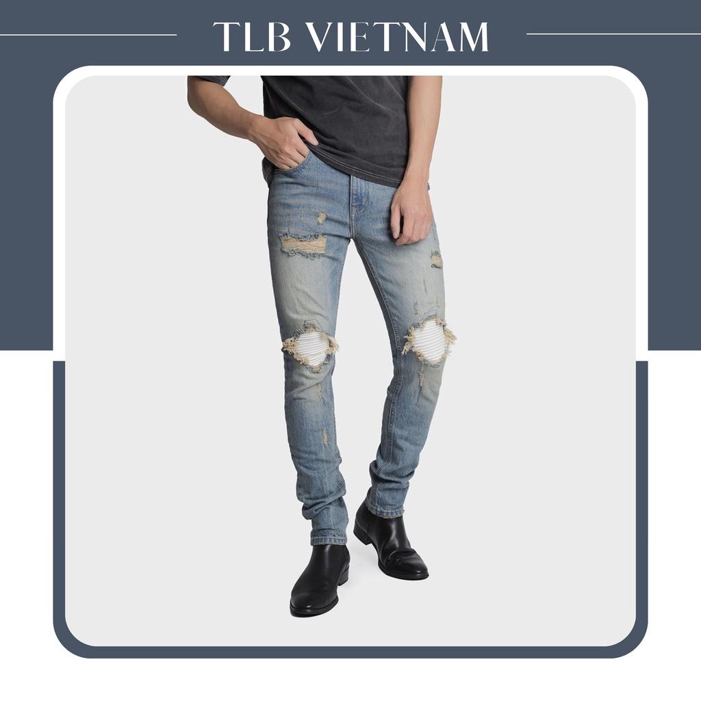 Quần Jean Nam The Luyn Black Màu Xanh Vintage Rách Gối Đắp Vá Da Bike Trắng Kem Phong Cách Đường Phố