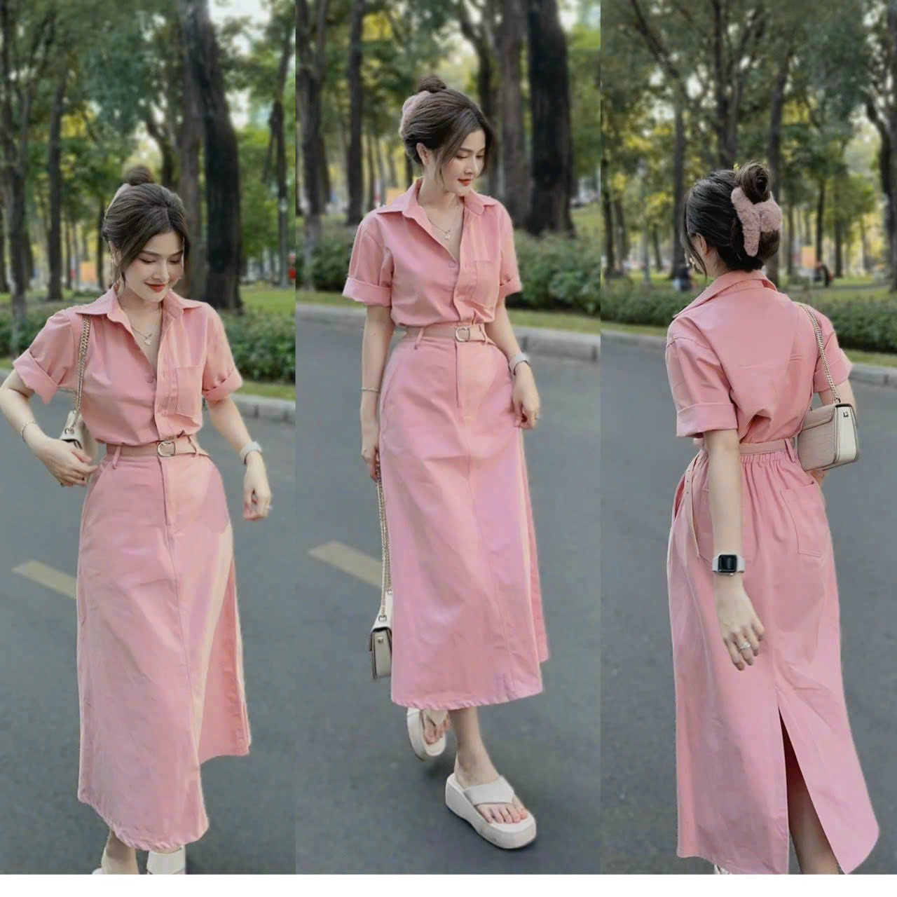 SÉT ÁO CỔ TRỤ KÈM CHÂN VÁY KAKI DÁNG DÀI CÓ ĐAI LƯNG XANH CAO CẤP MÀU Y HÌNH