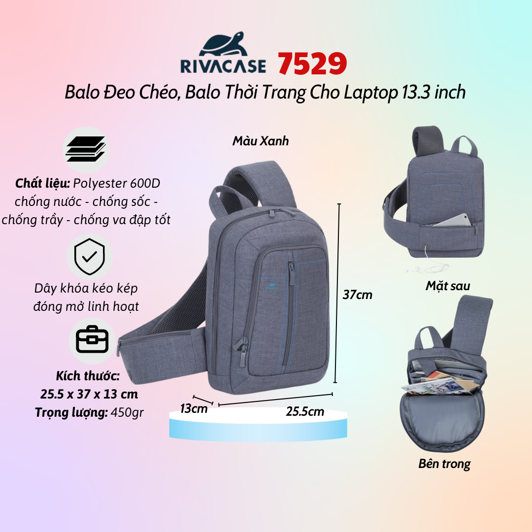 Balo Rivacase 7529  Đeo Chéo, Balo Thời Trang Cho Laptop 13.3 inch - Bảo Hành 24 Tháng - Hàng Chính Hãng